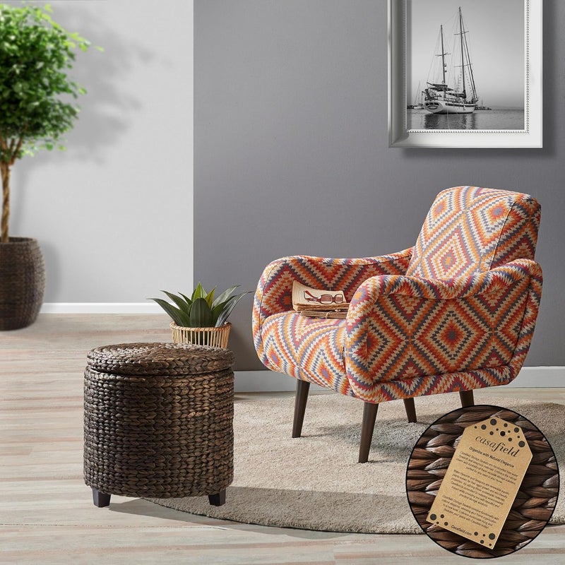 Casafield 17" Round Storage Ottoman with Lid - Espresso, Handwoven Water Hyacinth Footstool for Living Room, Bedroom, Bathroom, Home Office - Image 2
